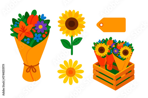 Vibrant Flower Bouquets. Isometric vector illustration set Market Flowers Stand: bouquet with mixed seasonal blooms, sunflower