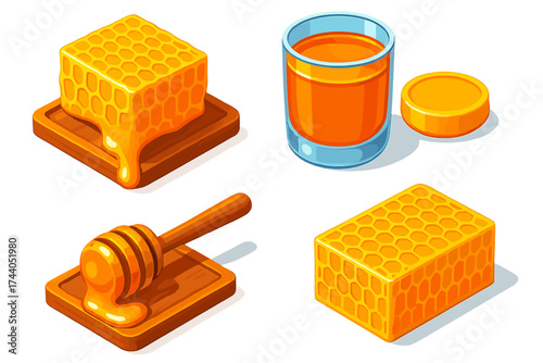 Honeycomb and Honey Set. Isometric vector illustration set Raw Honey and Comb: chunk of honeycomb dripping, crystal-clear honey in