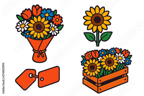 Vibrant Flower Bouquets. Isometric vector illustration set Market Flowers Stand: bouquet with mixed seasonal blooms, sunflower