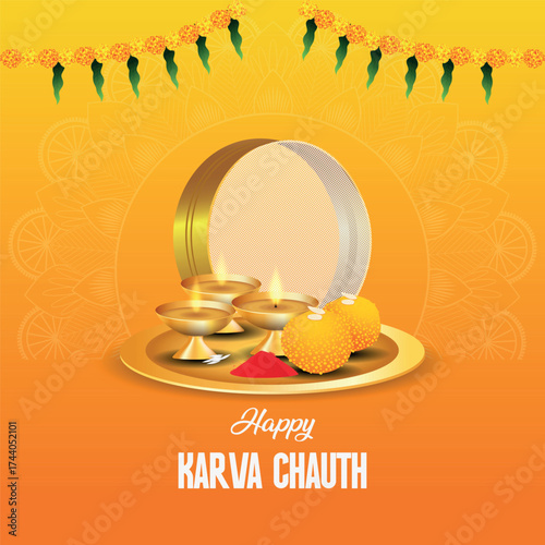 Happy Karva Chauth greeting with a puja thali holding lit diyas, sweets, and Sindoor, set against a large sieve (chalni). The traditional design has a marigold garland border and an orange background.