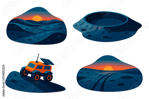 Lunar Rover Adventure. Isometric vector illustration set Lunar Mission Landscape: rolling hills of gray regolith, wide crater