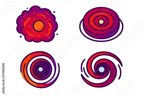 Vibrant Nebula Formation. Isometric vector illustration set Planetary Nebula Formation: expanding cloud from dying star, layered