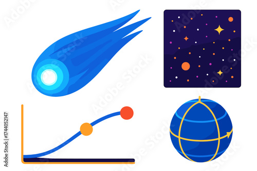 Vibrant Comet Illustration. Isometric vector illustration set Famous Comet Appearance: stylized Halley’s Comet, nucleus glowing