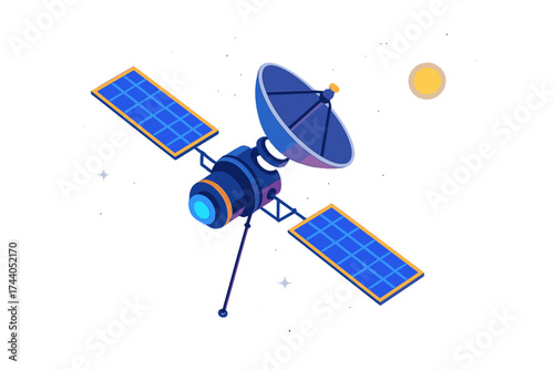 Vibrant Deep Space Probe. Isometric vector illustration set Deep Space Probe: long-arm space probe with solar panels, large dish