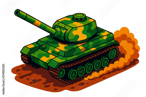 Vibrant Tank Maneuver. Isometric vector illustration set Tank Maneuver Scene: tank in motion over dirt, cannon aimed forward,