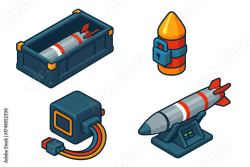 Missile Storage Diagram. Isometric vector illustration set Missile Storage and Deployment: container with sealed missile, warhead
