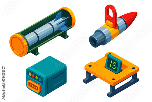 Missile Storage Diagram. Isometric vector illustration set Missile Storage and Deployment: container with sealed missile, warhead