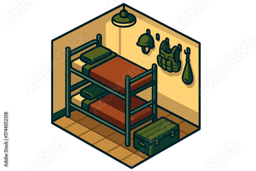Military Barracks Interior. Isometric vector illustration set Military Barracks Interior: metal bunk bed with folded blanket,
