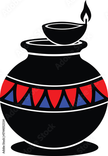 Bold black silhouette of a traditional indian matka pot topped with a small, lit diya lamp, decorated with a vibrant red and blue geometric triangle pattern, suitable for diwali or cultural themes.