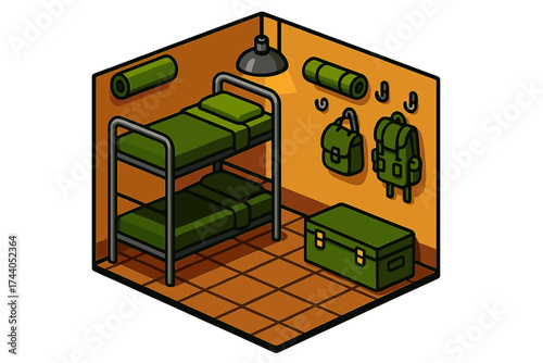Military Barracks Interior. Isometric vector illustration set Military Barracks Interior: metal bunk bed with folded blanket,