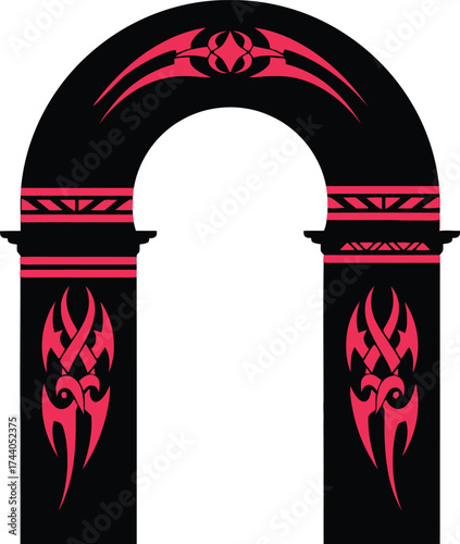 Bold black arched gateway or portal graphic adorned with symmetrical tribal patterns in a vibrant coral pink, representing entrance, passage, power, and mystical energy.