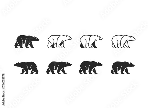 Set of stylized bear icons in silhouette and outline
