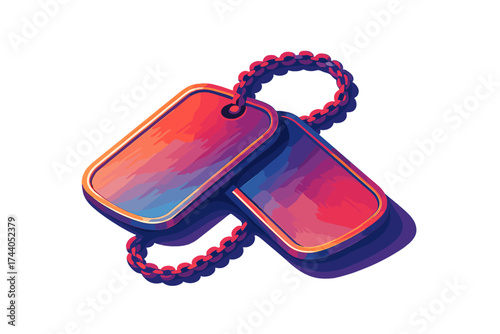 Vibrant Dog Tag Illustration. Isometric vector illustration set Dog Tag Shadow View: dog tags casting shadow on surface, chain