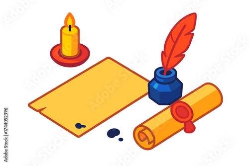 Writing Desk Essentials. Isometric vector illustration set Writing Desk Essentials: parchment laid flat, inkpot with feather