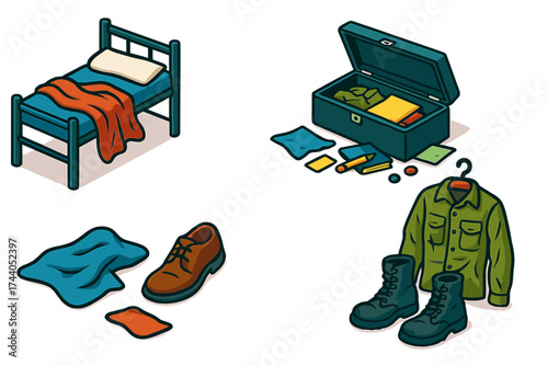 Messy Bunk Inspection. Isometric vector illustration set Messy Bunk Inspection Fail: unmade bunk with blanket tossed, open
