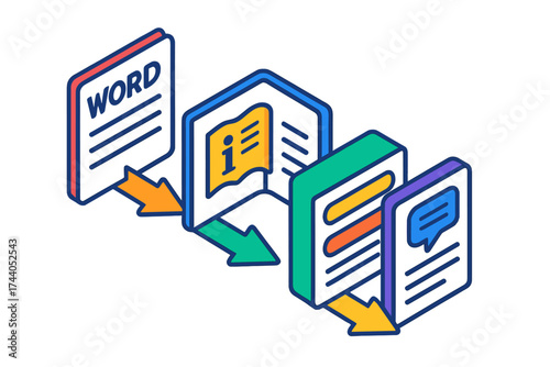 Isometric Process Diagram. Isometric vector illustration set Definition Process Diagram: step-by-step concept showing word,