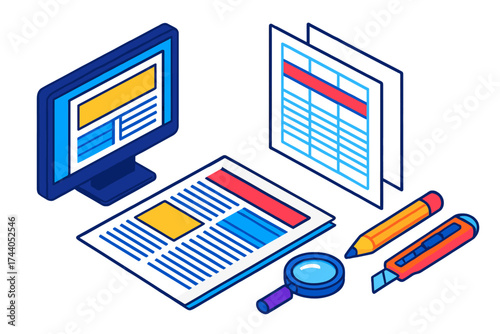 Newsroom Print Tools. Isometric vector illustration set Newsroom Print Tools: newspaper layout template on screen, physical draft