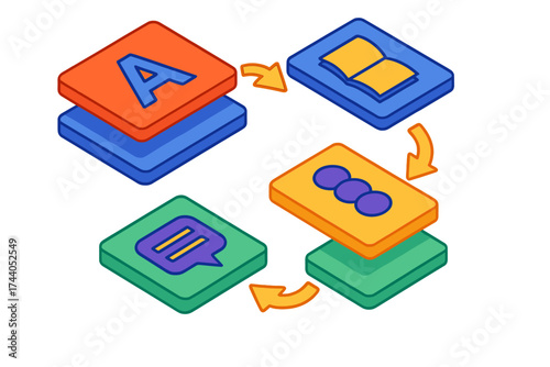 Isometric Process Diagram. Isometric vector illustration set Definition Process Diagram: step-by-step concept showing word,