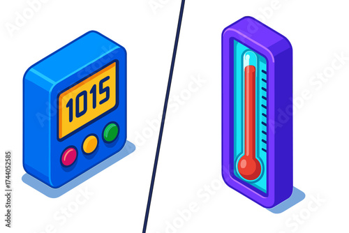 Digital vs Mercury Barometers. Isometric vector illustration set Index Card Drawer Mechanics: drawer pulled fully out, internal