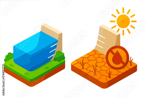 Reservoir Drought Contrast. Isometric vector illustration set Reservoir Drought Comparison: full reservoir vs dried basin side by
