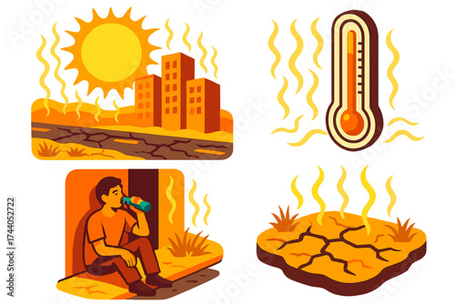 Heatwave Urban Scene. Isometric vector illustration set Heatwave Urban Scene: sun blazing over cityscape with shimmering heatwaves