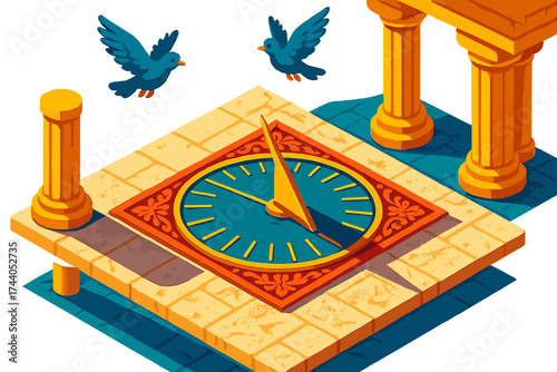 Ornate Sundial Plaza. Isometric vector illustration set Temple Courtyard Time Marker: large ornate sundial embedded in stone plaza