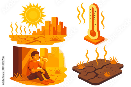 Heatwave Urban Scene. Isometric vector illustration set Heatwave Urban Scene: sun blazing over cityscape with shimmering heatwaves