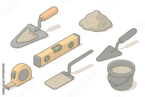 Construction Tools Icons. Isometric vector illustration set Bricklaying Construction Tools: steel trowel angled, fresh mortar pile