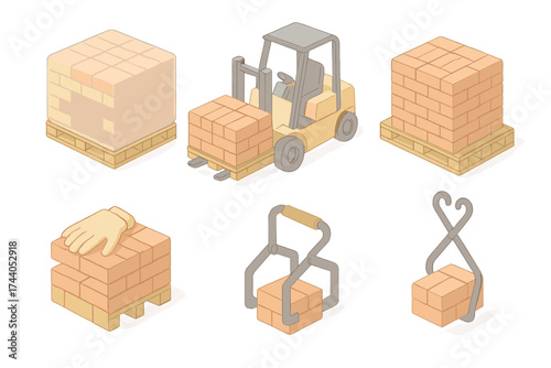 Brick Handling Icons. Isometric vector illustration set Brick Storage and Handling: pallet of bricks wrapped in plastic, forklift