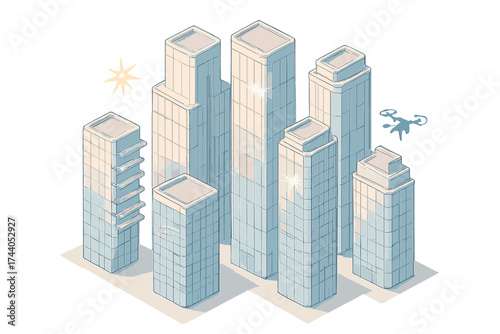 Pastel Urban Skyline. Isometric vector illustration set Urban Skyline Glass Towers: multiple skyscrapers with mirrored facades,