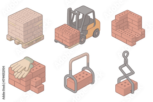 Brick Handling Icons. Isometric vector illustration set Brick Storage and Handling: pallet of bricks wrapped in plastic, forklift