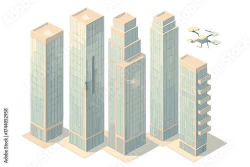 Pastel Urban Skyline. Isometric vector illustration set Urban Skyline Glass Towers: multiple skyscrapers with mirrored facades,