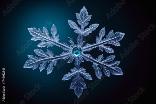 Makroaufnahme einer symmetrischen Schneeflocke mit feinen Details, auf dunklem Hintergrund, mit glitzernden Kristallen in der Mitte