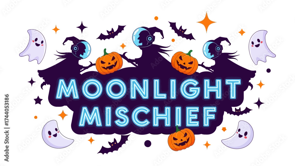 Naklejka premium Moonlight Mischief Illustration: A whimsical scene of a crescent moon, witch, pumpkin, bat, star and ghost in the moon night background