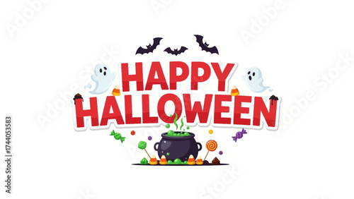 Spooky Delights: A vibrant illustration captures the essence of Halloween with playful ghosts, soaring bats, a bubbling cauldron, and colorful candies against a cheerful background.