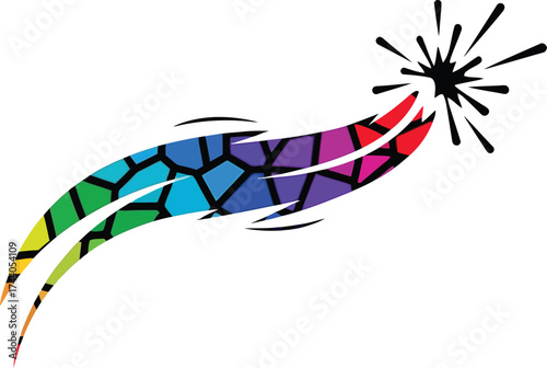 Dynamic, abstract rainbow-colored shooting star or comet tail graphic with a fractured mosaic pattern, ending in an explosive black burst, symbolizing speed, celebration, and magic.