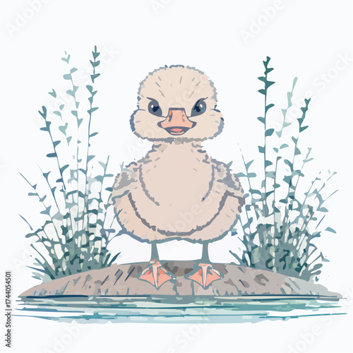 Ein kleines gelbes Entenküken steht auf einer grünen Wiese