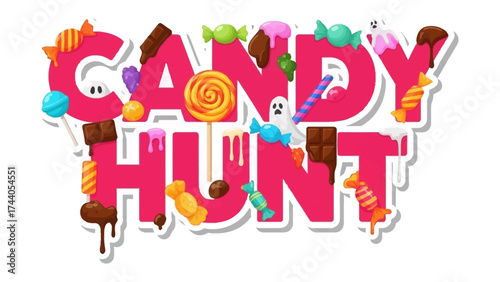 Candy Hunt Illustration: A colorful and playful illustration advertising a Candy Hunt, featuring various sweets like chocolate, lollipop, and candy, creating a sweet and inviting scene.