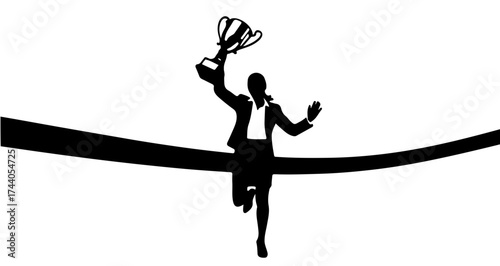 Victorious businesswoman celebrating achievement, crossing finish line with trophy, representing success and triumph in business