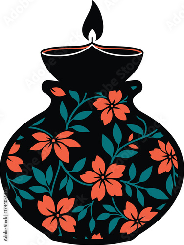 Stylish black silhouette of a traditional indian matka pot topped with a burning diya lamp, featuring a vibrant, contrasting floral pattern in coral pink and teal blue, ideal for diwali or cultural.