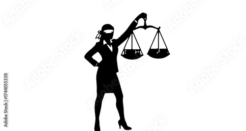 Confident woman holding scales of justice, symbolizing fairness, law, and legal representation in a professional setting, perfect for legal firms.