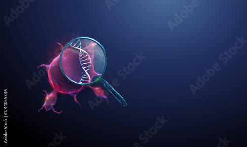 Red tumor under a magnifying glass with DNA inside. Cancer research, genetic analysis, molecular diagnostics, oncology study, precision medicine concept.
