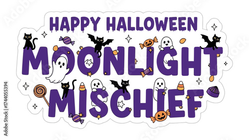 Halloween Mischief Design: This design captures the spooky essence of Halloween with Happy Halloween Moonlight Mischief text, featuring playful ghosts, black cats, bats, candies.