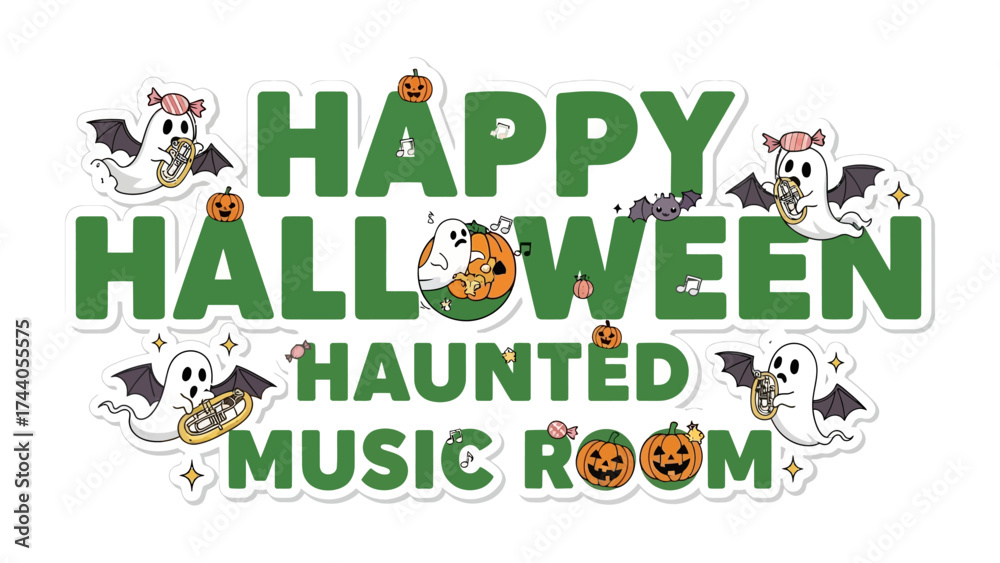 Fototapeta premium Happy Halloween: A festive scene filled with the spirit of Halloween, featuring playful ghosts and pumpkins. A vibrant design setting the tone for a spooktacular celebration in a haunted music room.