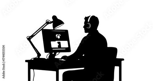 Professional working remotely, engaged in video call, focused on screen with headphones, at modern desk setup for optimal productivity