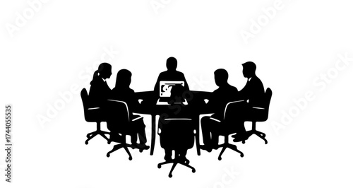 Business team collaborating around a conference table, brainstorming ideas and strategizing for success with laptop display