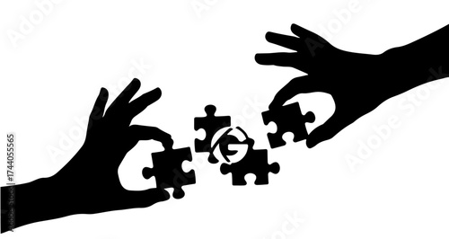 Hands assembling puzzle pieces, symbolizing teamwork, collaboration, and problem-solving for business success and achieving goals together
