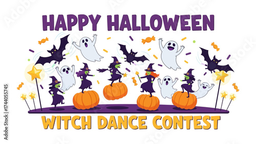 Enchanting Halloween Dance-Off: An Illustration of festive, spirited Halloween gathering featuring adorable witches, specters, and nocturnal bats. An invitation to a bewitching Witch Dance Contest. 