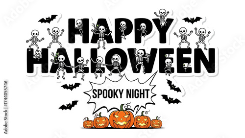 Spooky Halloween Night: Spooky illustration of the Halloween night. Skeletons, pumpkins and bats create a playful yet eerie atmosphere, perfect for celebrating the holiday.