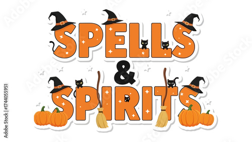 Spells & Spirits Halloween graphic: A festive Halloween design, with a whimsical array of pumpkins, witch hats, black cat, and broomsticks, showcasing the magical essence of spells and spirits. 